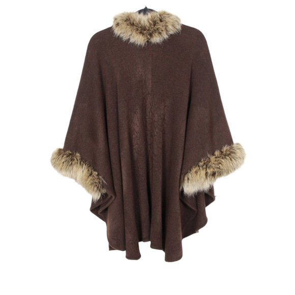 Brown Faux Fur Trim Floral Embossed Wrap Shawl - Picture 2 of 7